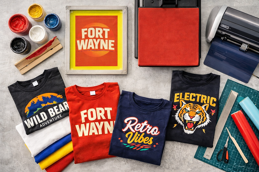 Custom apparel printing setup with screen printing tools and branded shirts