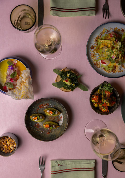 Table with food.