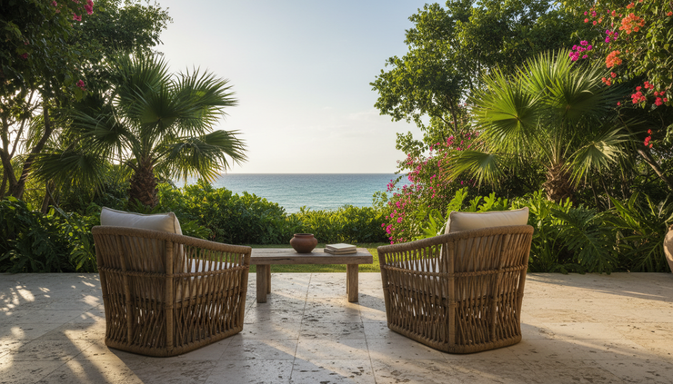 Wide-angle view of a quiet terrace with chairs overlooking tropical greenery near the Riviera Maya coast