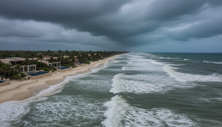 Wide-angle view of storm clouds over a Riviera Maya shoreline near vacation homes