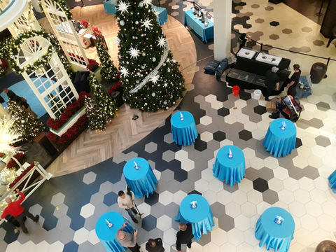 Picture of Christmas trees, cocktail tables read for a reception