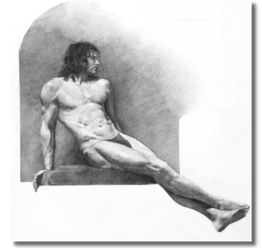 Somewhere Else, graphite figure drawing by artist Jenny Elizabeth with shadow