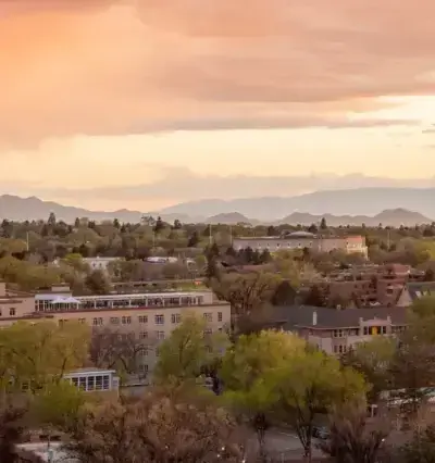 Ortiz Mountains and Sandia Mountain view from downtown Santa Fe 