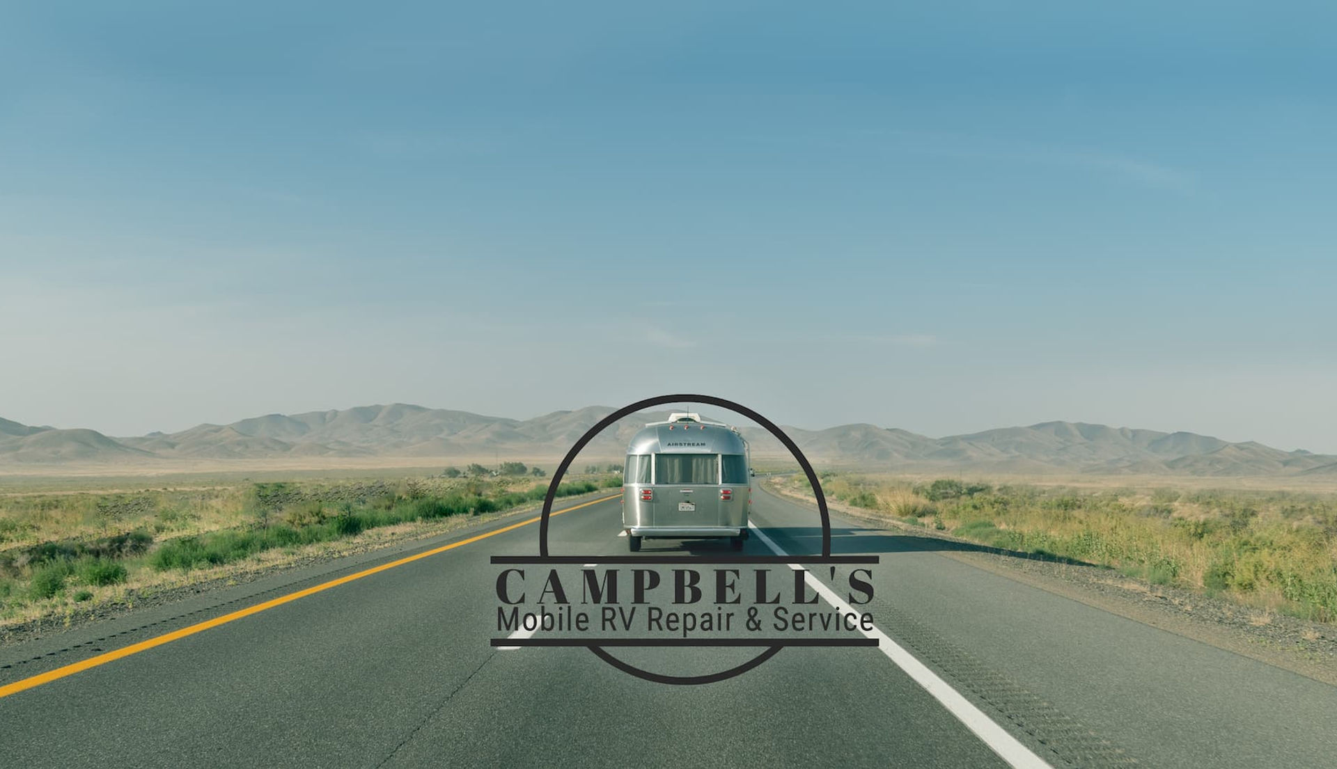 Campbell's Mobile RV Repair and Service logo on photo of Airstream driving in desert
