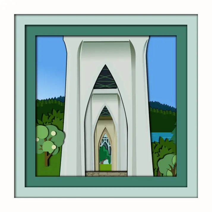 Graphic depicting St. John's Bridge in Portland using paper cut effect, by DH Solutions