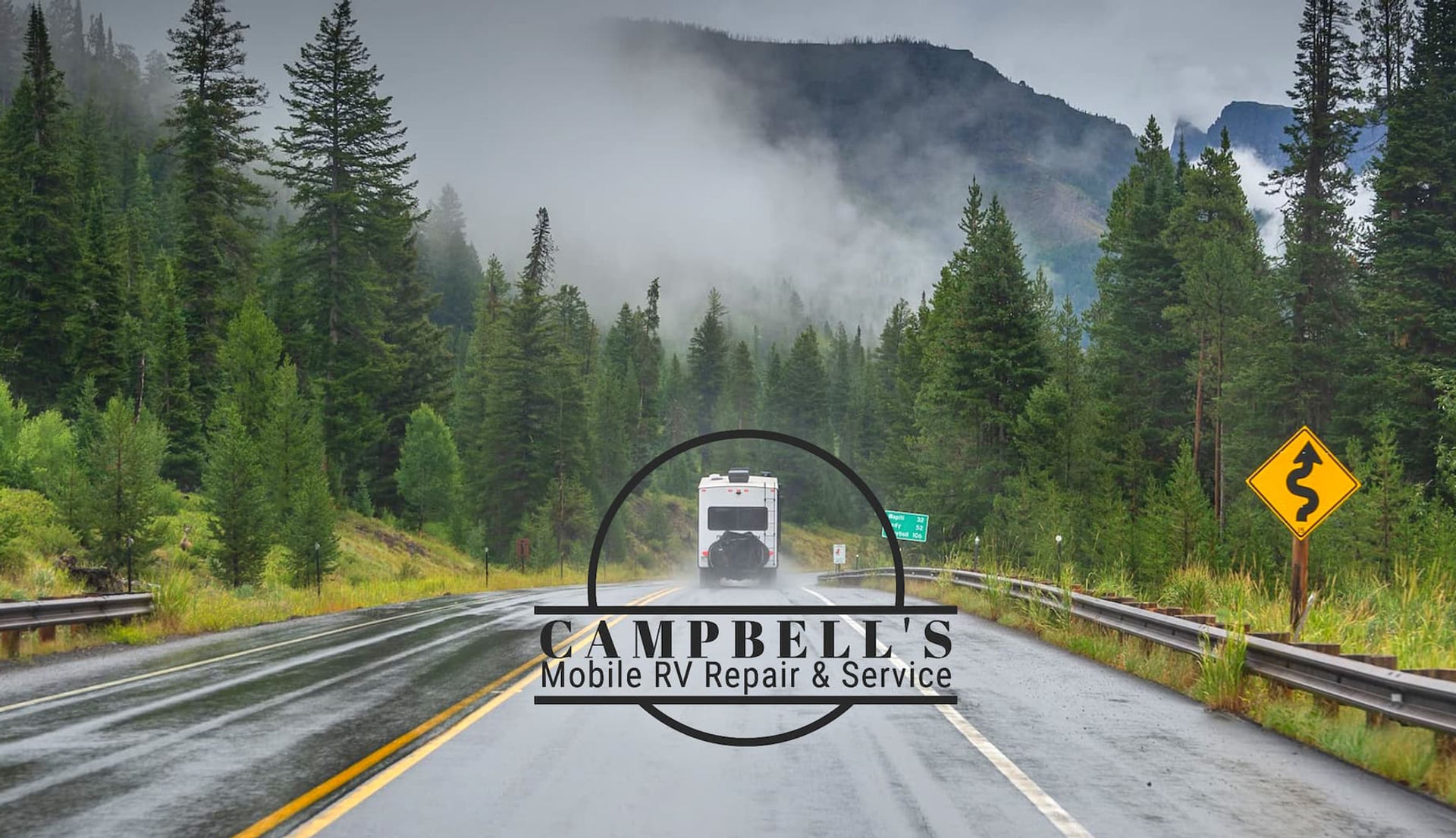 Campbell's Mobile RV Repair and Service logo on photo of RV driving on mountain road