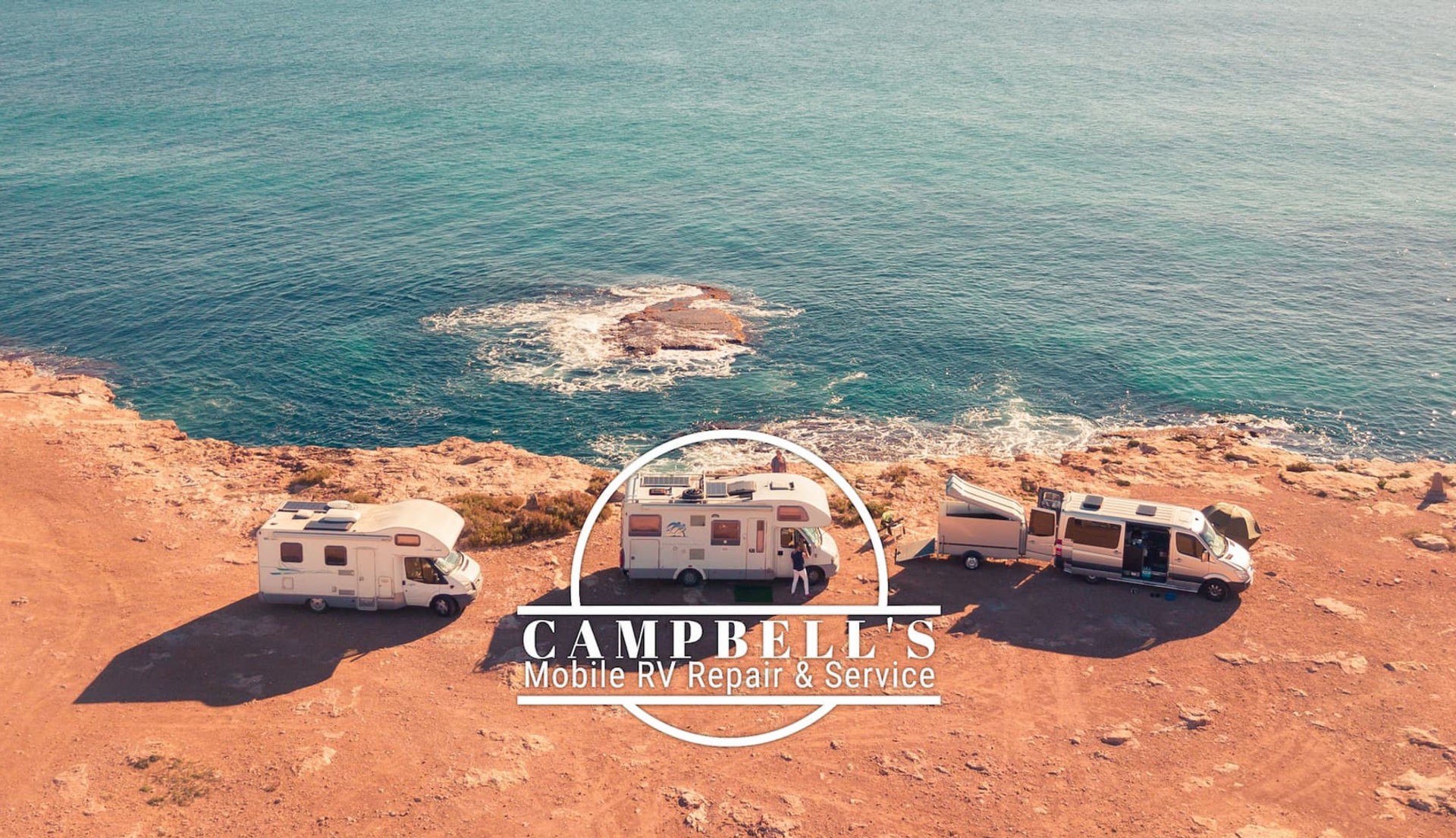Campbell's Mobile RV Repair and Service logo on photo of three RV at the beach