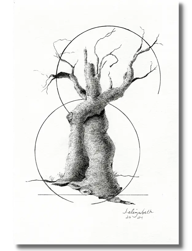 Melodictree, pen and Ink  drawing by artist Jenny Elizabeth with shadow