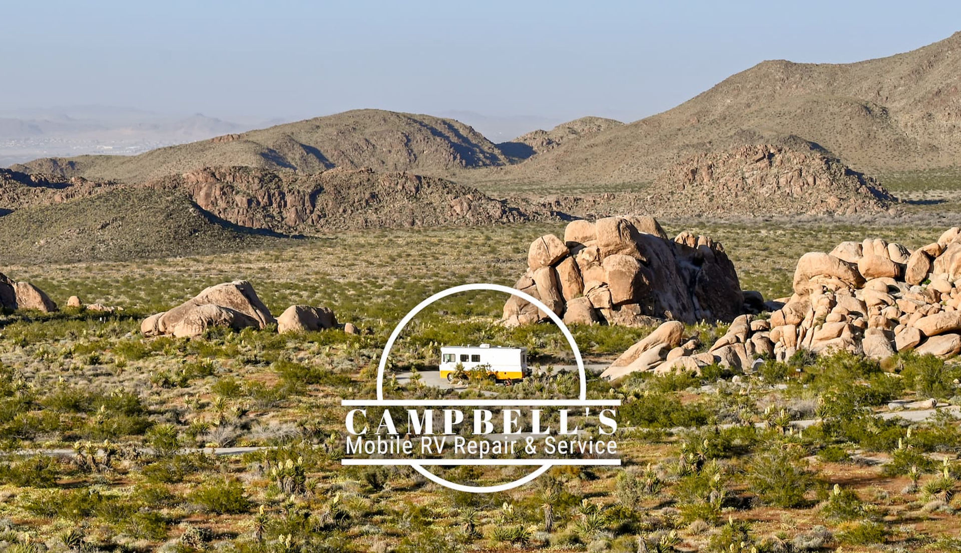 Campbell's Mobile RV Repair and Service logo on photo of RV in Joshua Tree