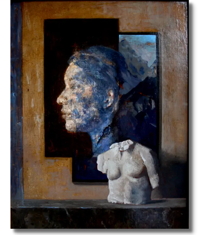 Emergence, oil on linen painting by artist Jenny Elizabeth with shadow