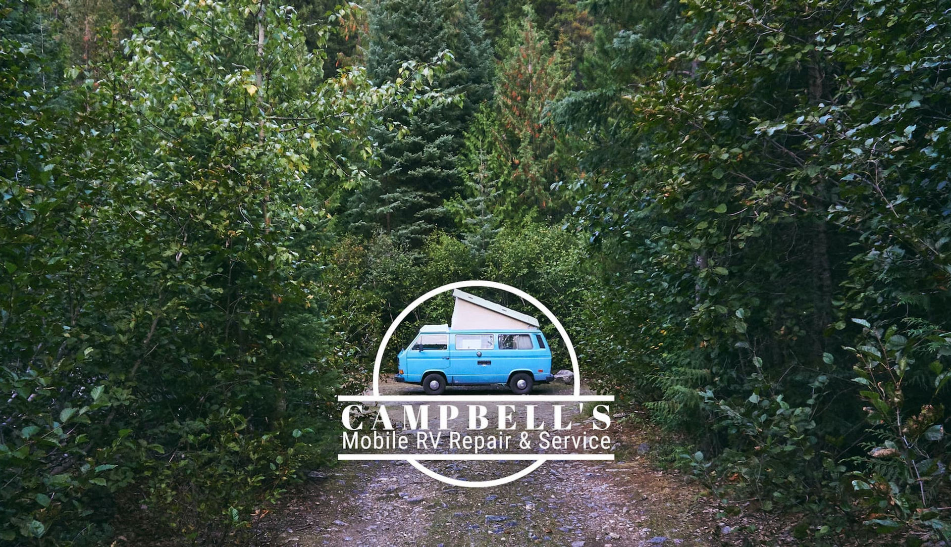 Campbell's Mobile RV Repair and Service logo on photo of camper van in the forest