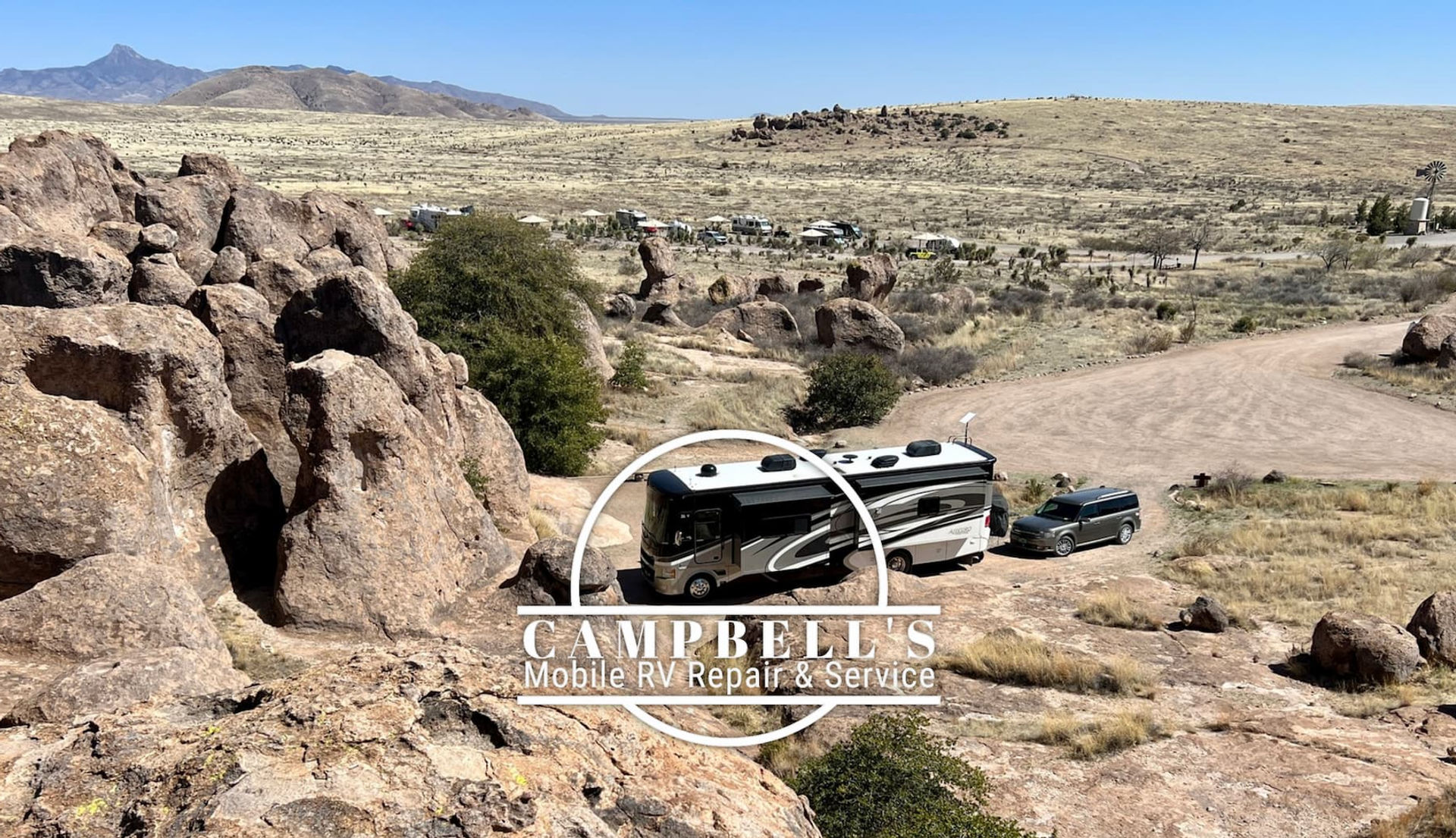 Campbell's Mobile RV Repair and Service logo on photo of Class A motorhome