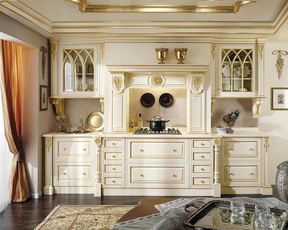 classic-white-gold-wooden-wardrobe-for-kitchen-design-with-lighting-above-stove-as-well-brown-floral
