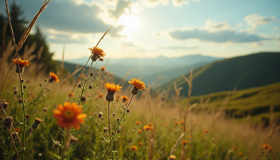 Golden wildflowers bask in the warm glow of a tranquil sunset, epitomizing serenity and relaxation in the heart of nature.