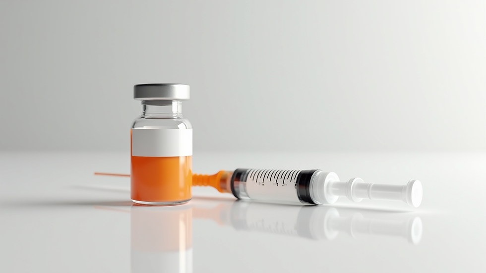 Close-up view of a vitamin C injection vial and syringe on a white surface