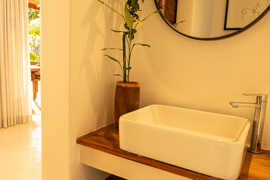 Minimalist bathroom sink with wooden counter, soft warm lighting and a plant adding natural detail