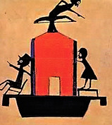 Red House with Two men Pointing and a Pe