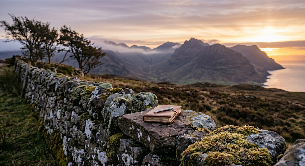 The Writer's Contemplation, Drystone Dyke, Notepad and Sunrise