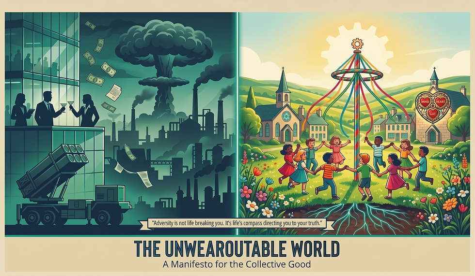 Split poster contrasts the dystopian world run by the One Percent for the One Percent, opposite the children dancing around a maypole in a sunny village; text:
The Unwearoutable World