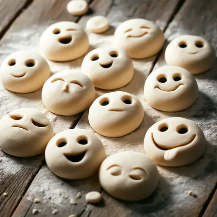 DALL·E 2024-05-16 11.03.36 - An image depicting round pieces of bread dough crafted by a 12-year-old child, each with different facial expressions carved into them. The dough piec