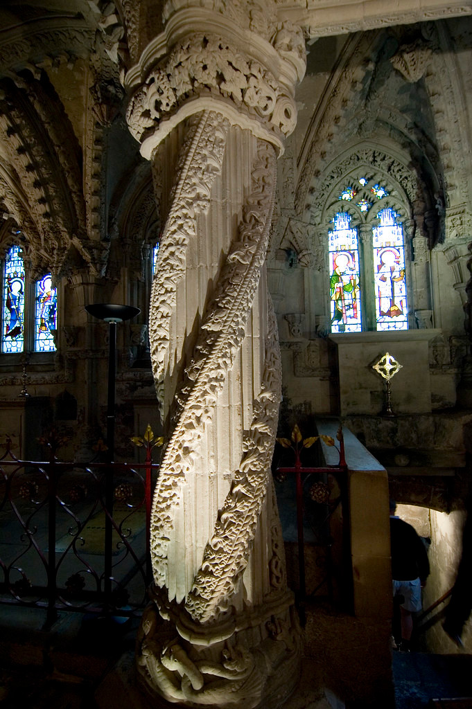 An image of the apprentice pillar, lit from below.