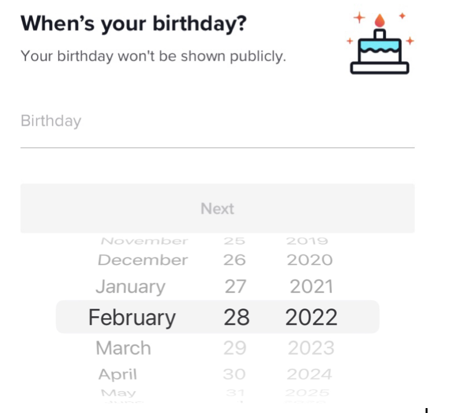 New TikTok users verify their age on this screen when creating an account. Photo by Addison Maley (11).