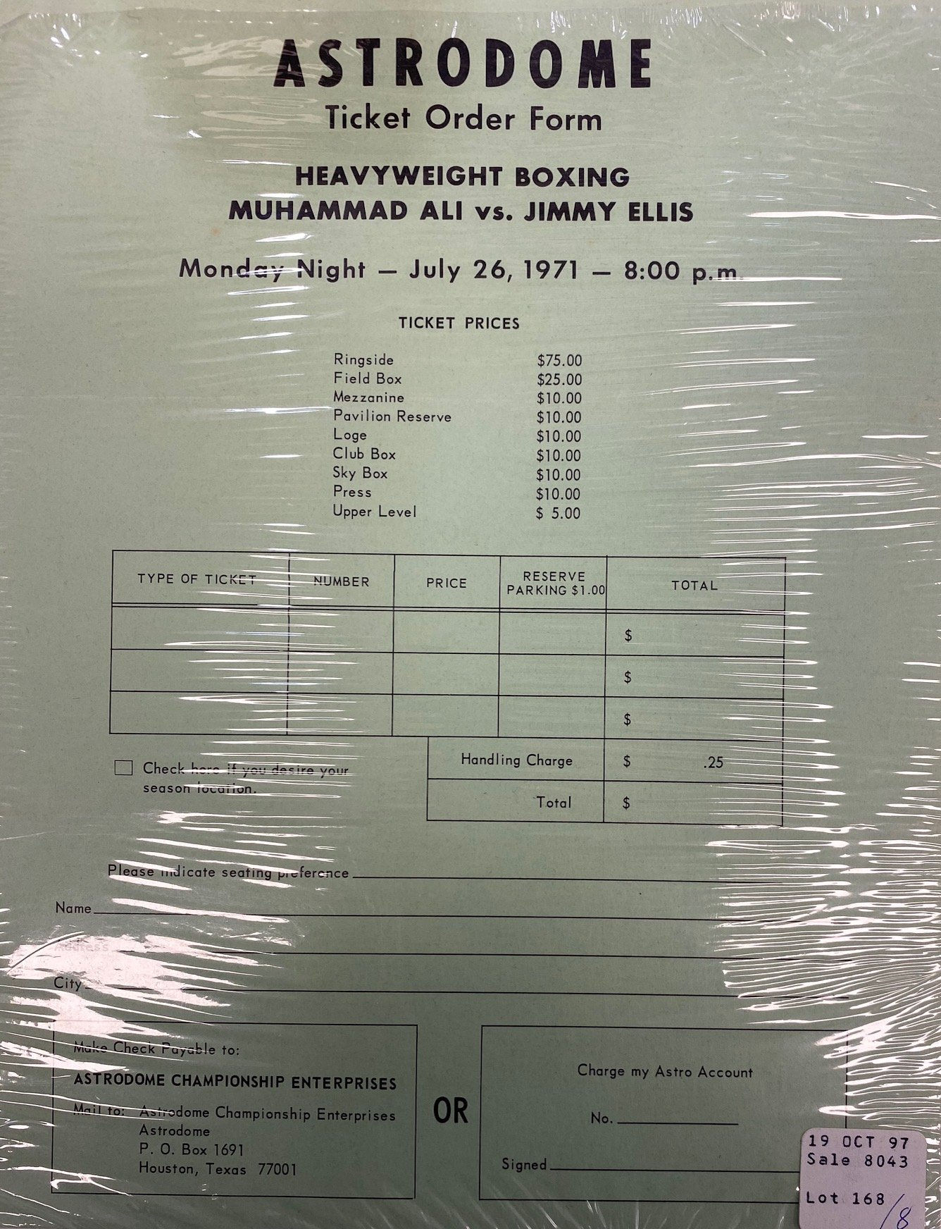 Muhammad Ali Vs Jimmy Ellis Ticket Order Sheet