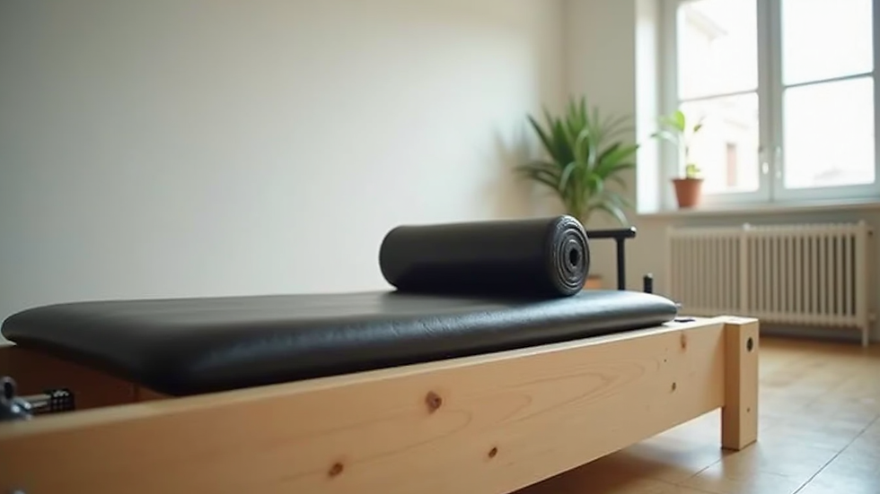 Close-up view of a Pilates reformer machine in a bright studio