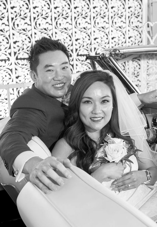 Newlywed couple sharing a close portrait during a Las Vegas wedding