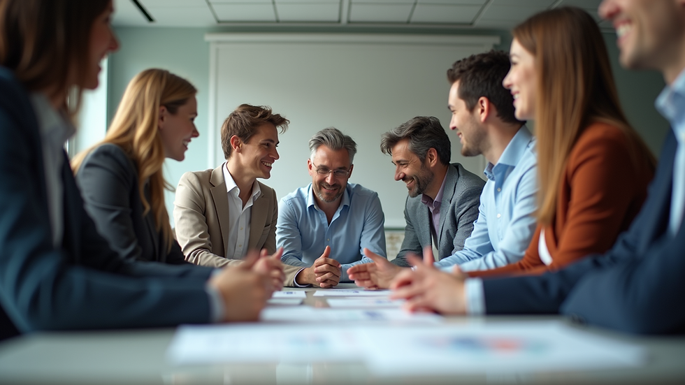 Eye-level view of a marketing team discussing strategy around a table