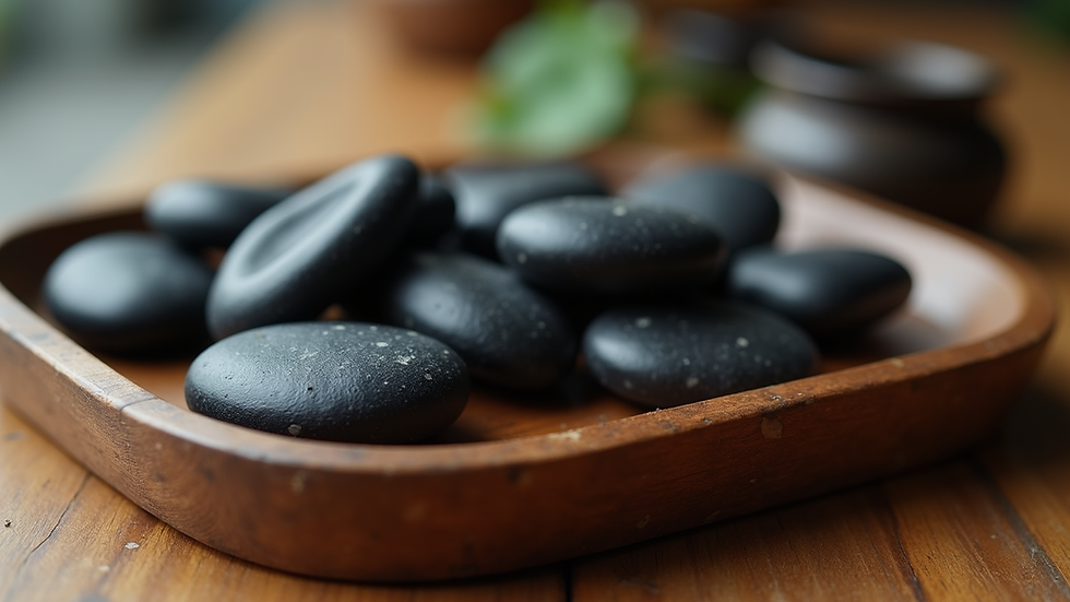 Close-up view of smooth black hot stones arranged on a wooden tray