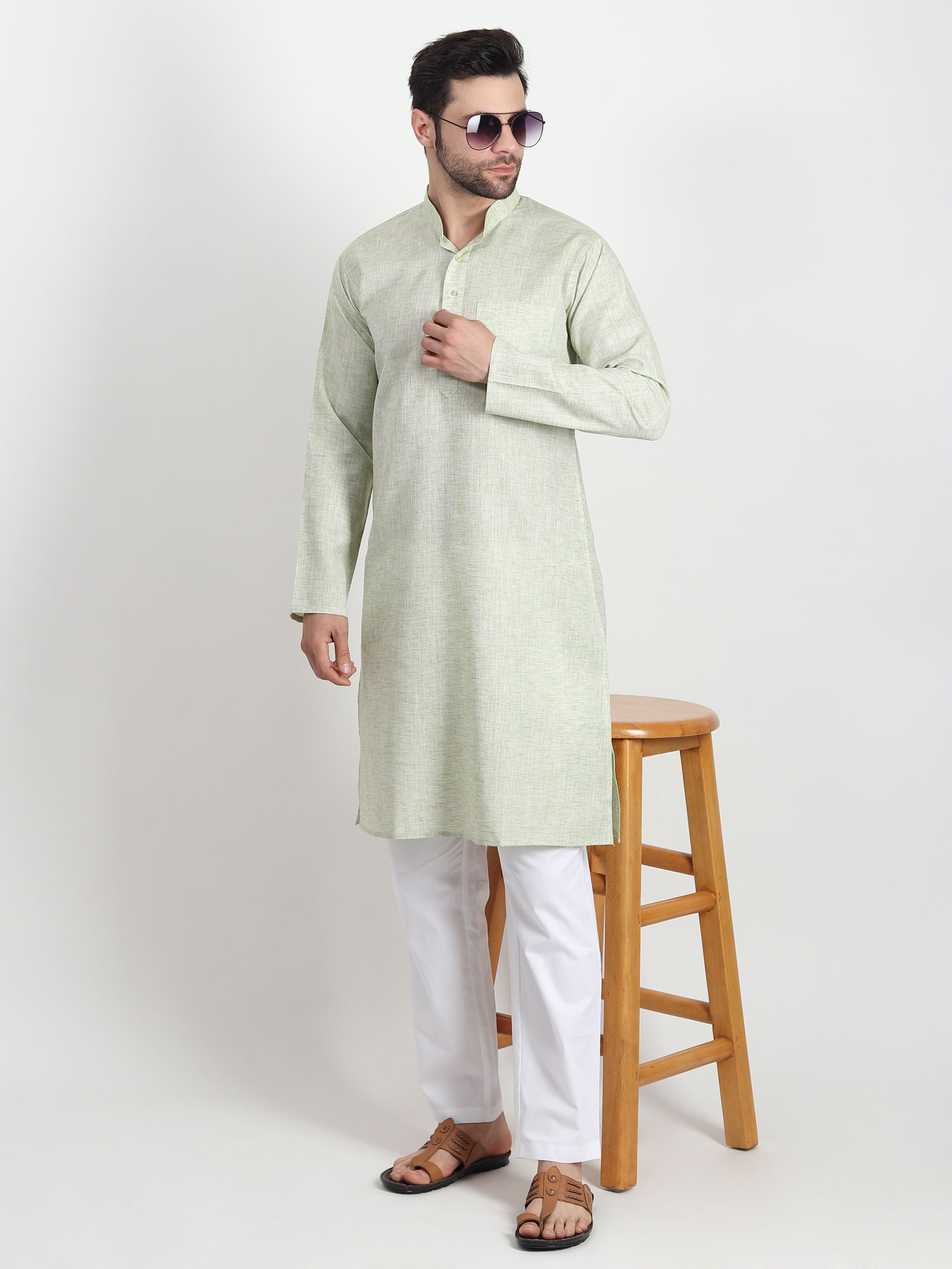 Solid Green Blended Cotton Long Kurta for Men | Dast-e-Karigar