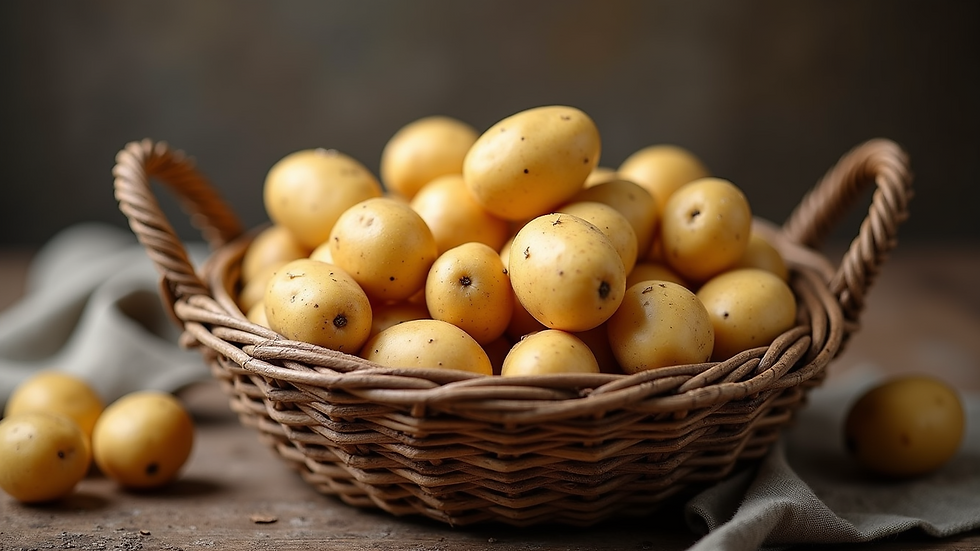 Eye-level view of a variety of potatoes in a basket