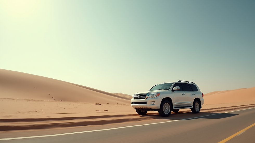 Eye-level view of a white SUV parked near a desert road in Muscat