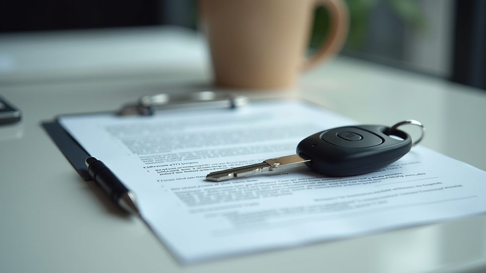 Close-up view of a rental car key and contract on a desk