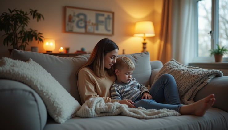 Eye-level view of a cozy living room with a parent and child sharing a quiet moment on the couch