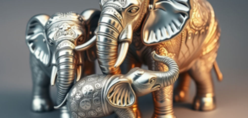 Beautiful silver elephants including a baby one, playing with their silver trunks.jpg