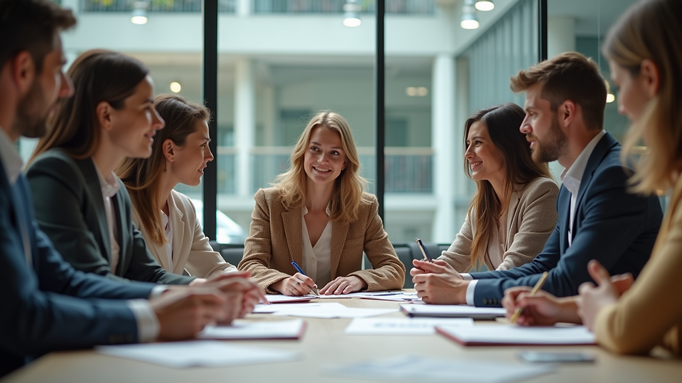 Wide angle view of a travel agency team discussing travel plans around a table