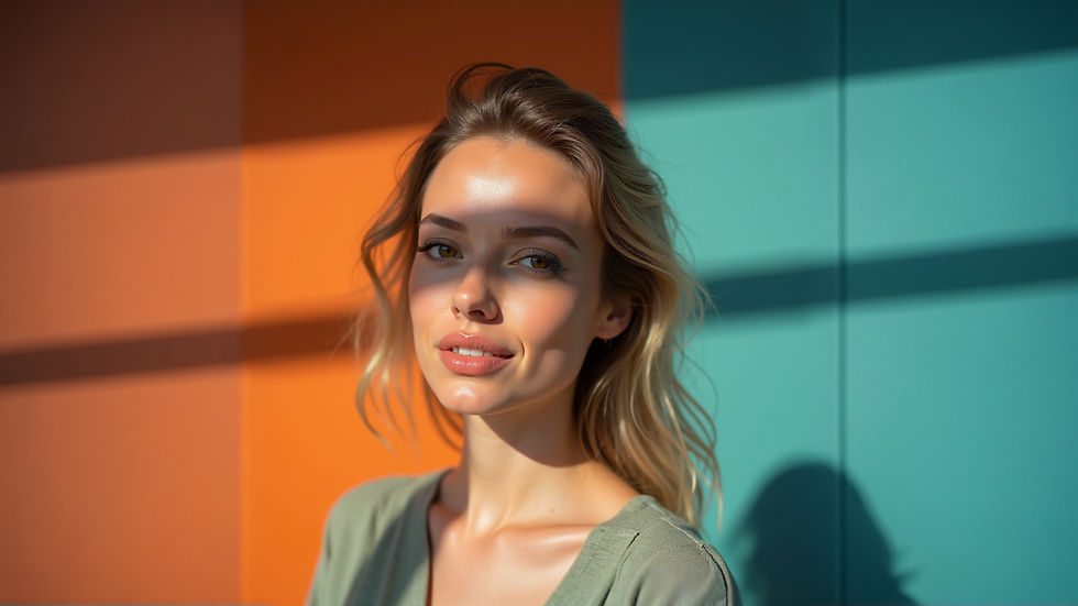 Retrato de chica con fondo naranja y azul.