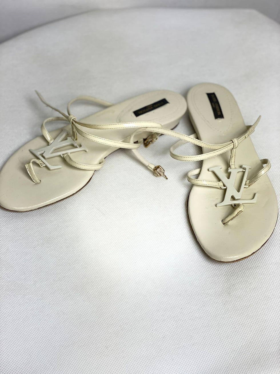 Miniatura: Sapato Rasteira Louis Vuitton Strappy Monograma Verniz Branco Original
