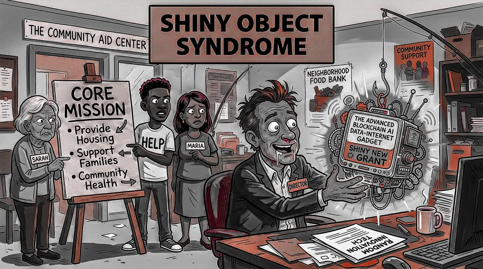 Cartoon illustration titled 'Shiny Object Syndrome' showing a divided non-profit office. On the left, frustrated staff members point to a whiteboard outlining their 'Core Mission' to provide housing, support families, and community health. On the right, a wild-eyed, drooling director ignores them, completely hypnotized by a glowing, futuristic contraption dangling from a fishing hook labeled 'The Advanced Blockchain AI Data-Internet Gadget - Shiny New Grant