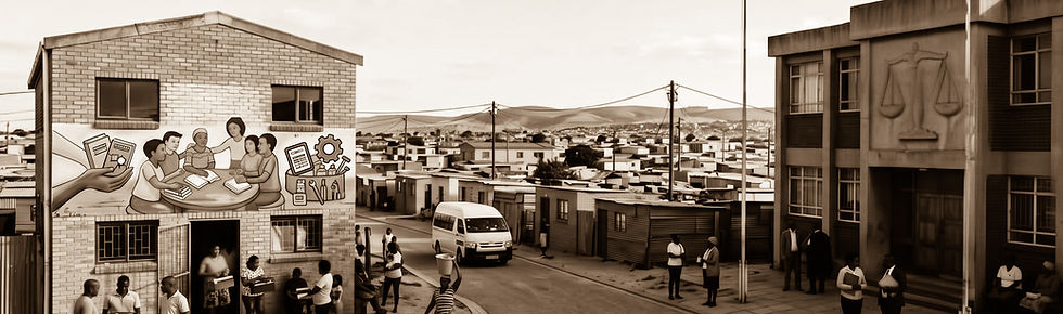 Sepia-toned community building featuring a large outdoor mural of people studying and working together.