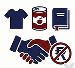 Navy blue hands holding an open donation box containing essential goods and equipment, featured alongside a burgundy heart and gift badge.