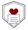 A shield-shaped emblem outlined in dark blue with red heraldic designs on a white background, placed to the left of the text