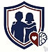A shield-shaped emblem outlined in dark blue with red heraldic designs on a white background, placed to the left of the text
