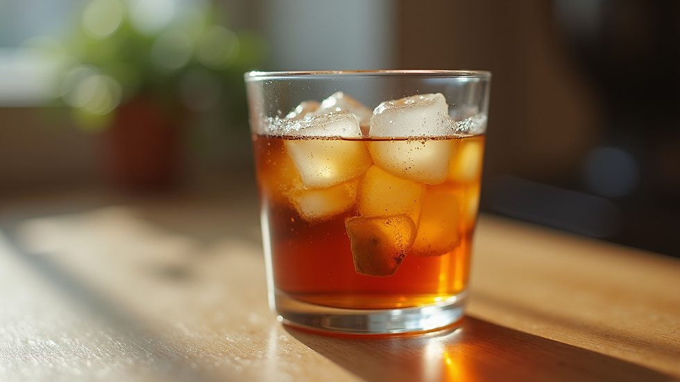 Eye-level view of a glass filled with iced tea and a tea bag steeping inside