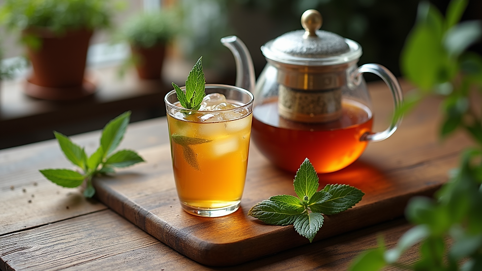 High angle view of a wooden table with a teapot, glass of iced tea, and fresh herbs