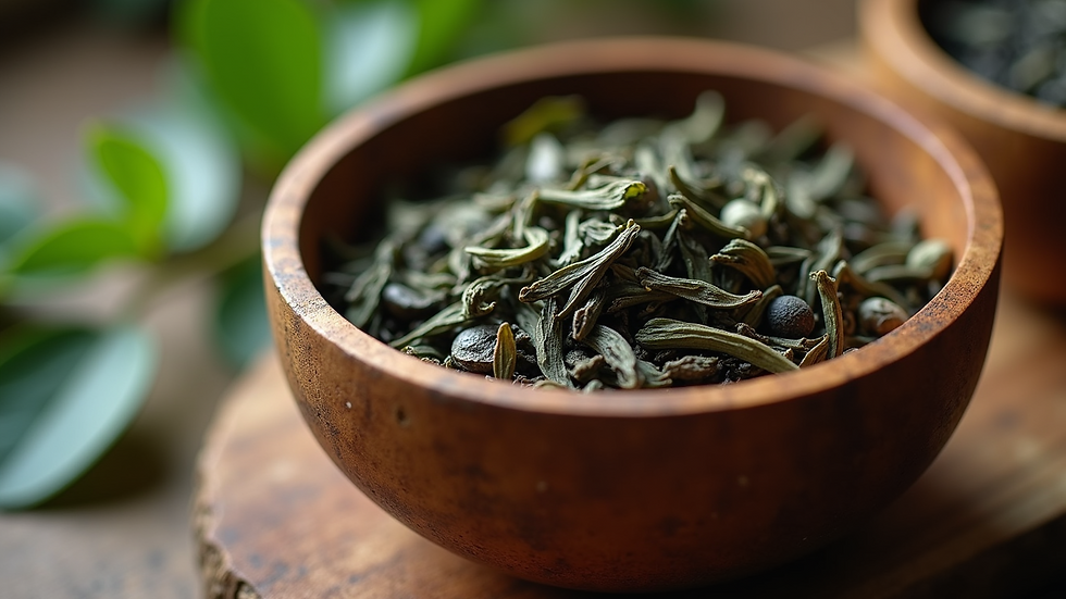 Close-up view of loose tea leaves in a wooden bowl