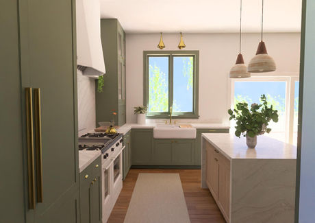 A bright kitchen visualization featuring sage green cabinets, a farmhouse sink, brass fixtures, wood flooring, and soft sunlight coming through the windows.