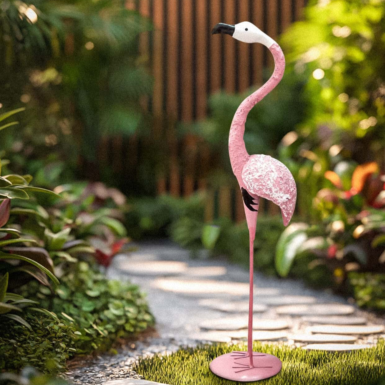 Handcrafted flamingo garden statue with a pink design placed along a garden pathway.
